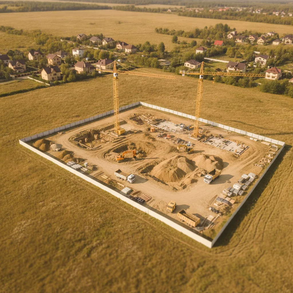 Chantier de construction en banlieue avec grues et engins de terrassement