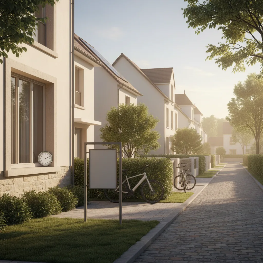 Rue résidentielle française avec maisons et panneau immobilier