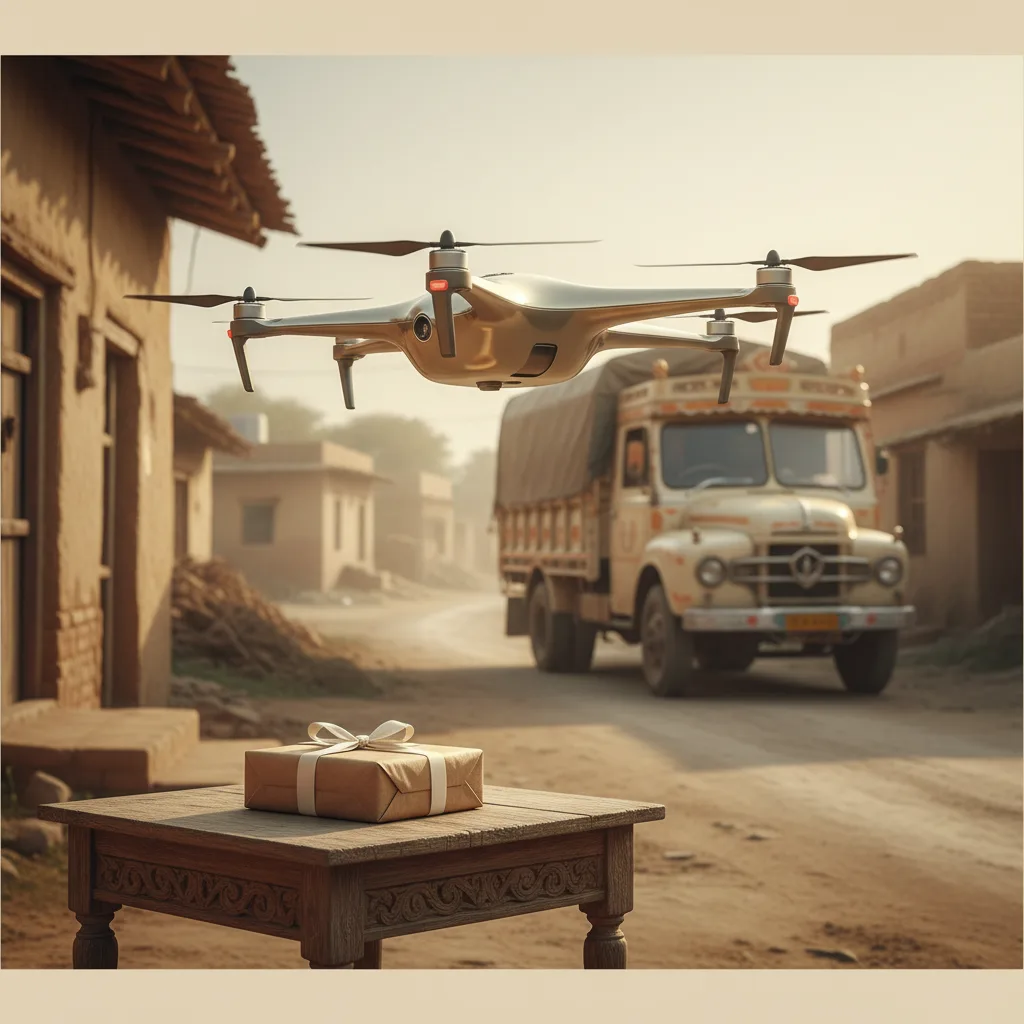 Drone de livraison survolant un colis dans un village indien