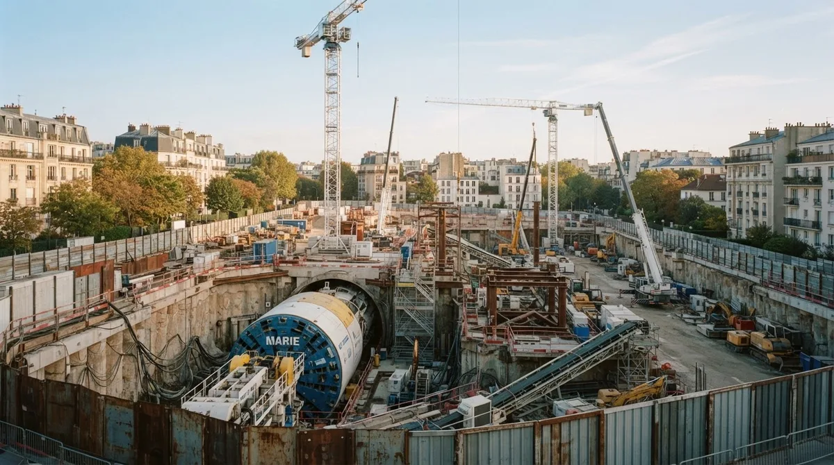 Chantier de la ligne 15 Ouest du Grand Paris Express avec machine de forage et grues