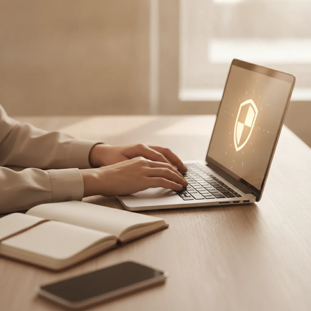 Mains d'un entrepreneur tapant sur un clavier d'ordinateur portable avec une icône de bouclier de sécurité à l'écran