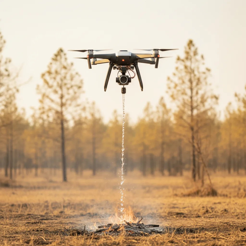 Drone équipé de capteurs thermiques éteignant un départ de feu en forêt