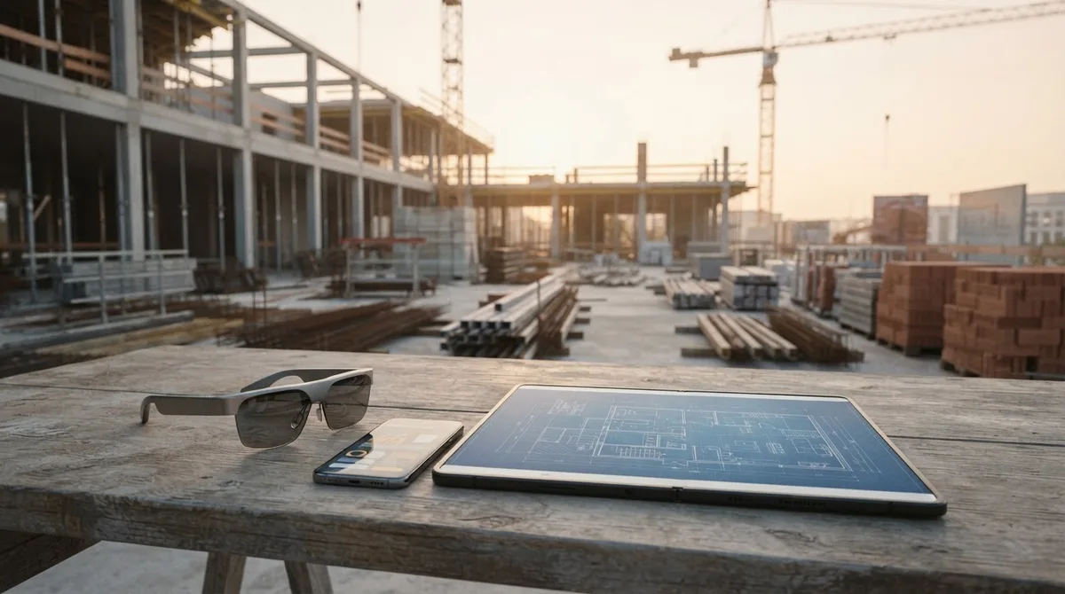 Chantier moderne avec ouvrier utilisant des lunettes connectées et smartphone pliant