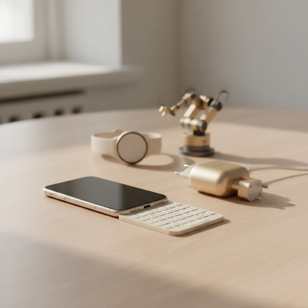 Smartphone avec clavier physique, chargeur universel et petit robot sur une table en bois.