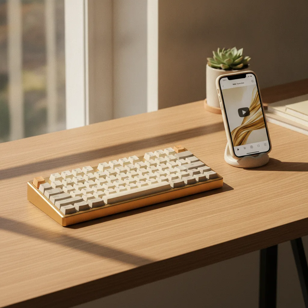 Clavier mécanique et smartphone sur un bureau en bois éclairé par la lumière naturelle