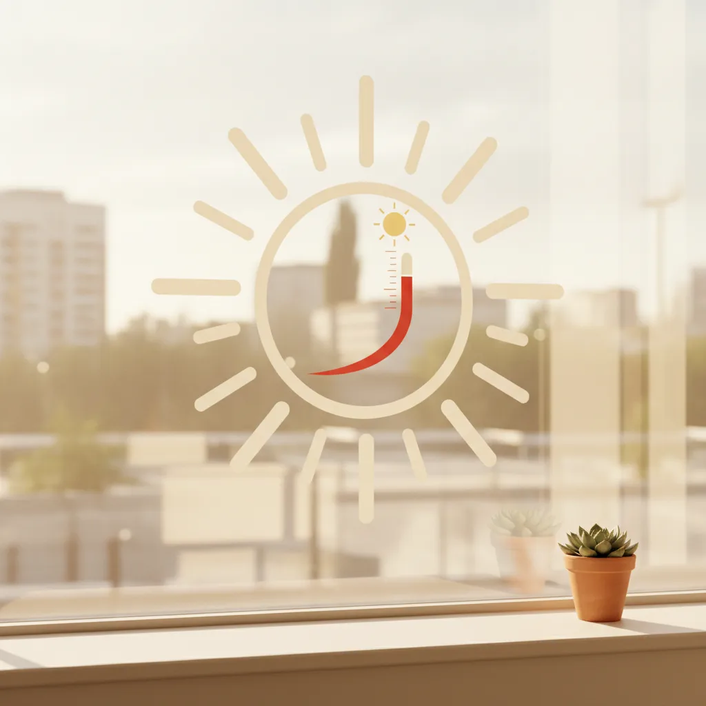 Fenêtre d'agence immobilière avec panneau à vendre et thermomètre en plein soleil