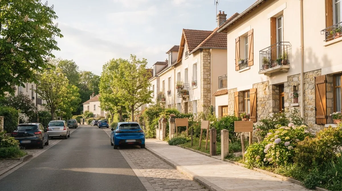 Rue résidentielle avec panneaux à vendre devant des maisons