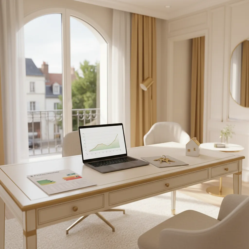 Bureau d'agence immobilière avec clés, modèle de maison et graphique de taux