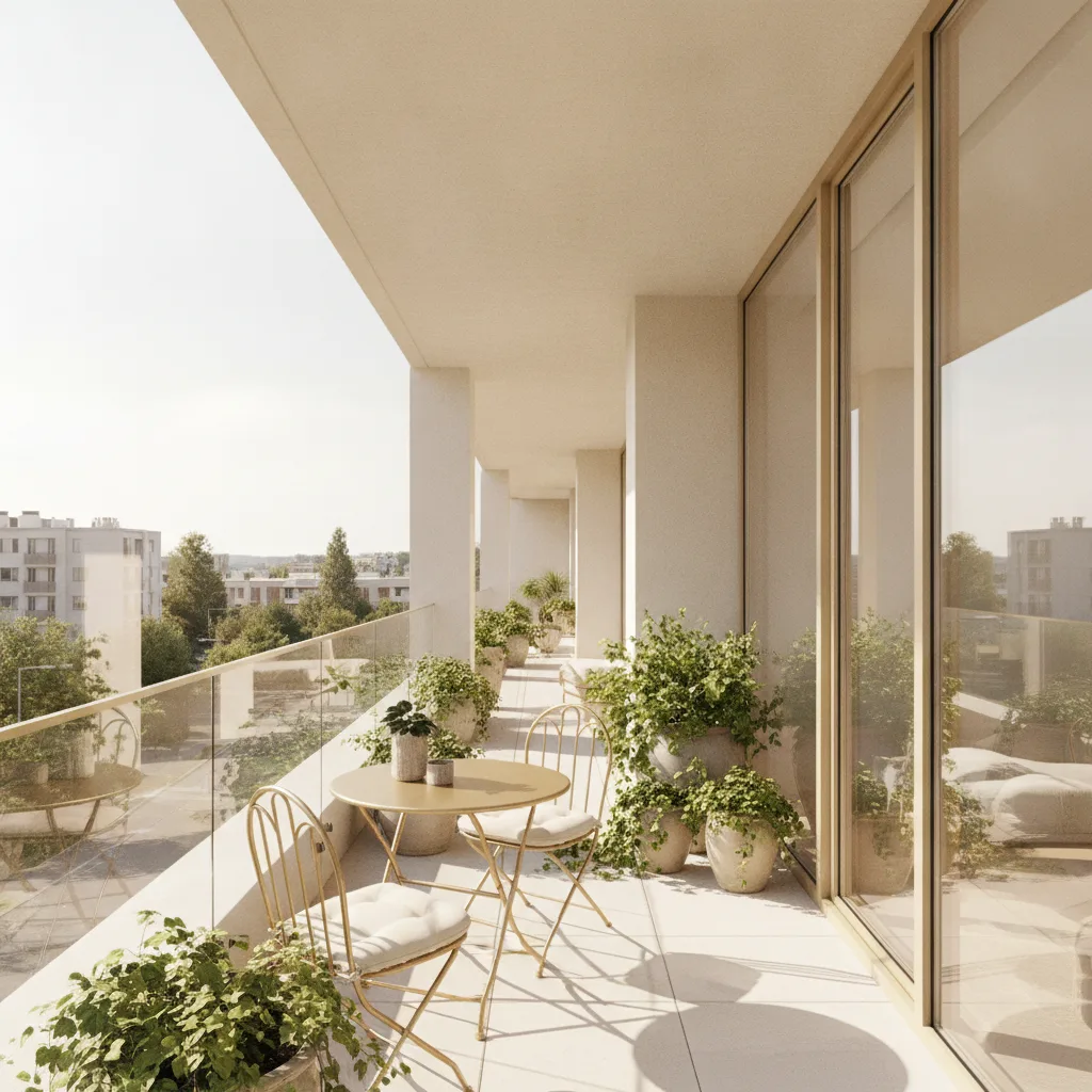 Balcon aménagé avec plantes et table dans un immeuble moderne