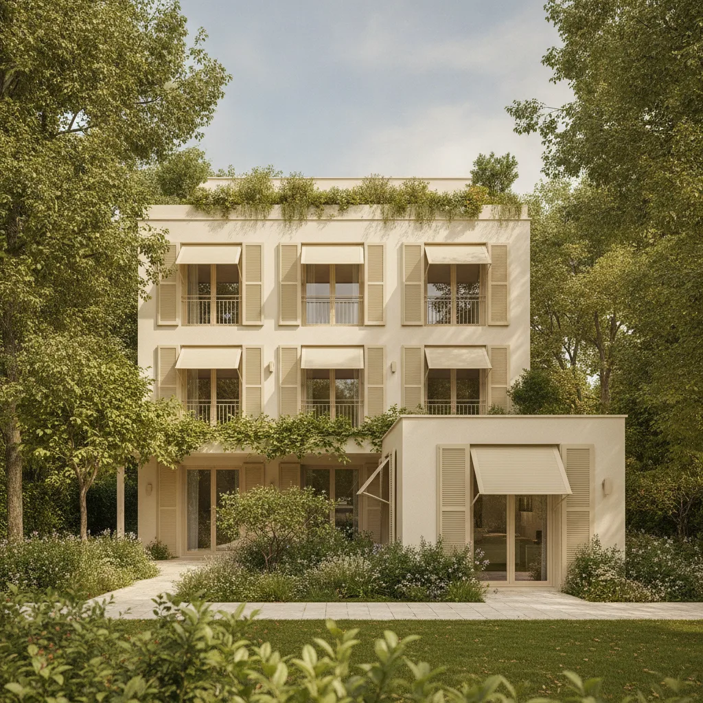 Maison avec volets fermés et mini-studio dans le jardin en été