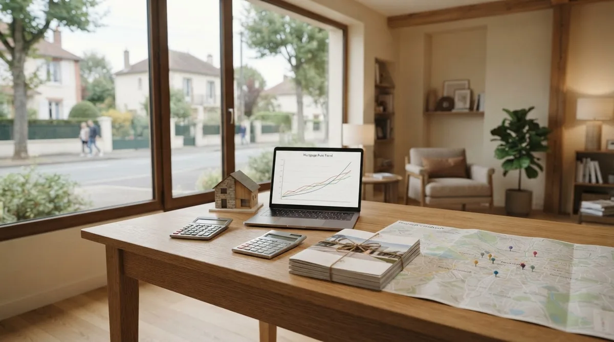 Bureau d'agence immobilière avec graphique de taux de crédit et maquette de maison sur un bureau.