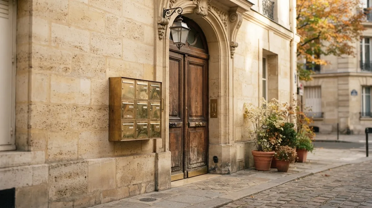 Entrée soignée d'un immeuble résidentiel en pierre avec boîtes aux lettres en laiton sous une lumière d'automne