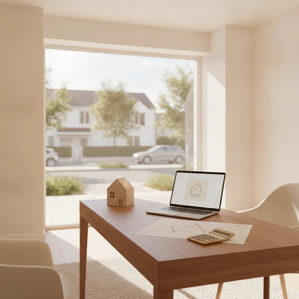 Bureau d'agence immobilière avec maquette de maison et graphique de taux