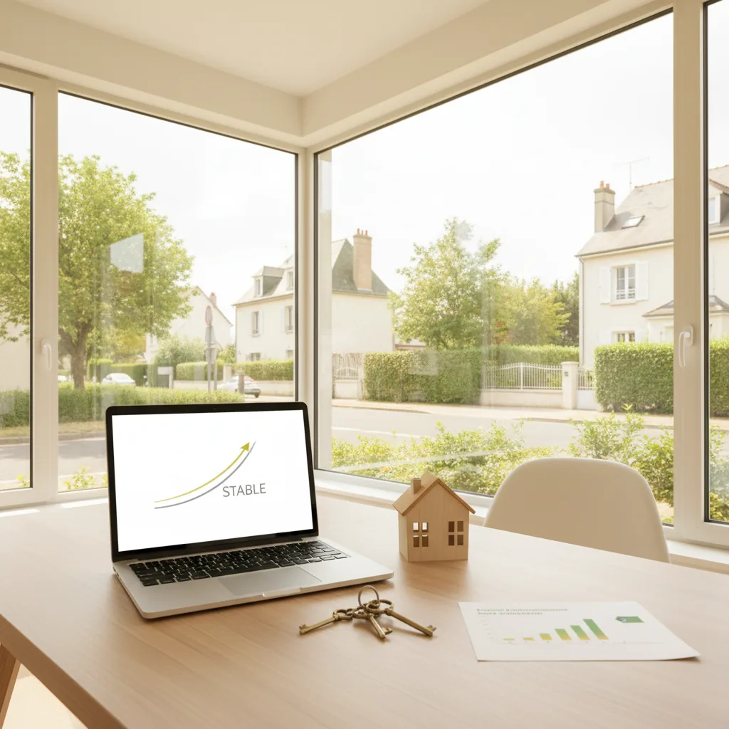 Bureau d'agence immobilière avec modèle de maison et document DPE sur un bureau
