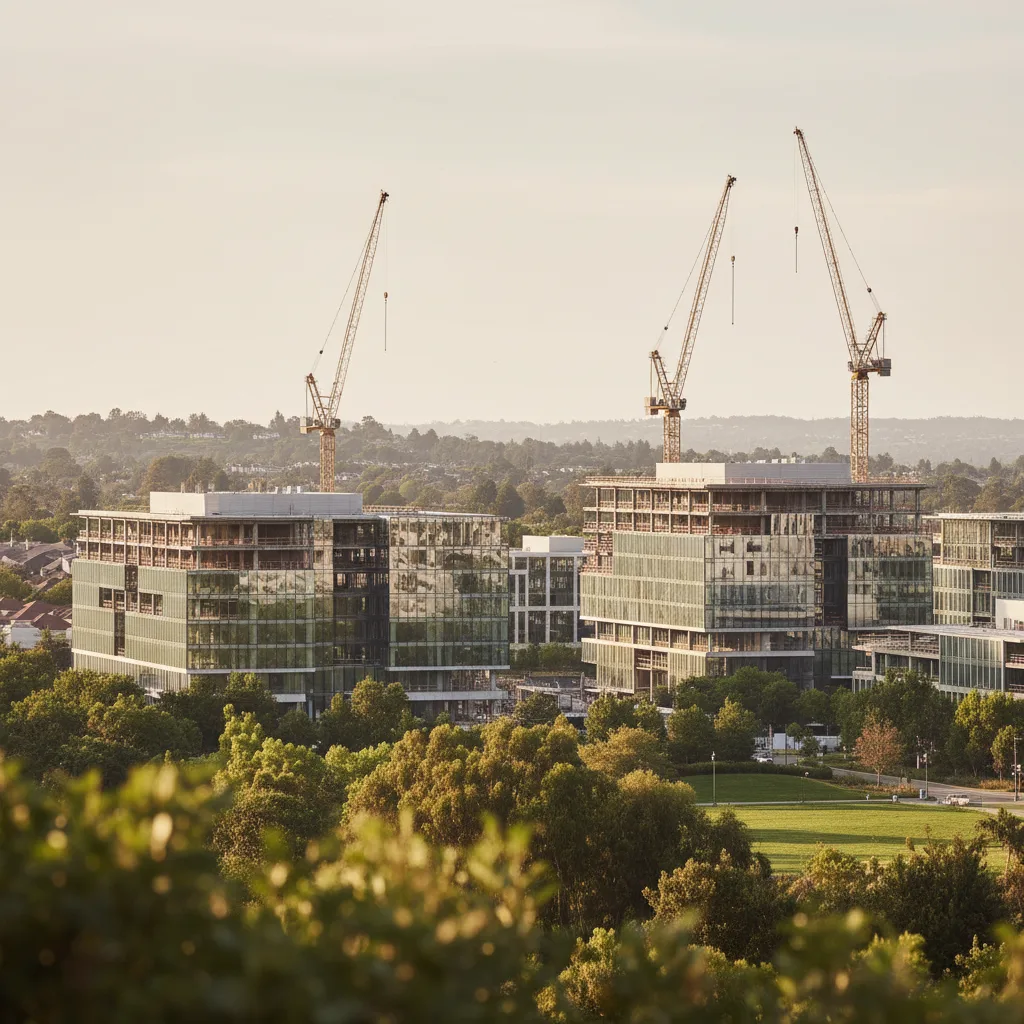 Chantier d'un campus tertiaire avec des bâtiments en verre et des grues en arrière-plan