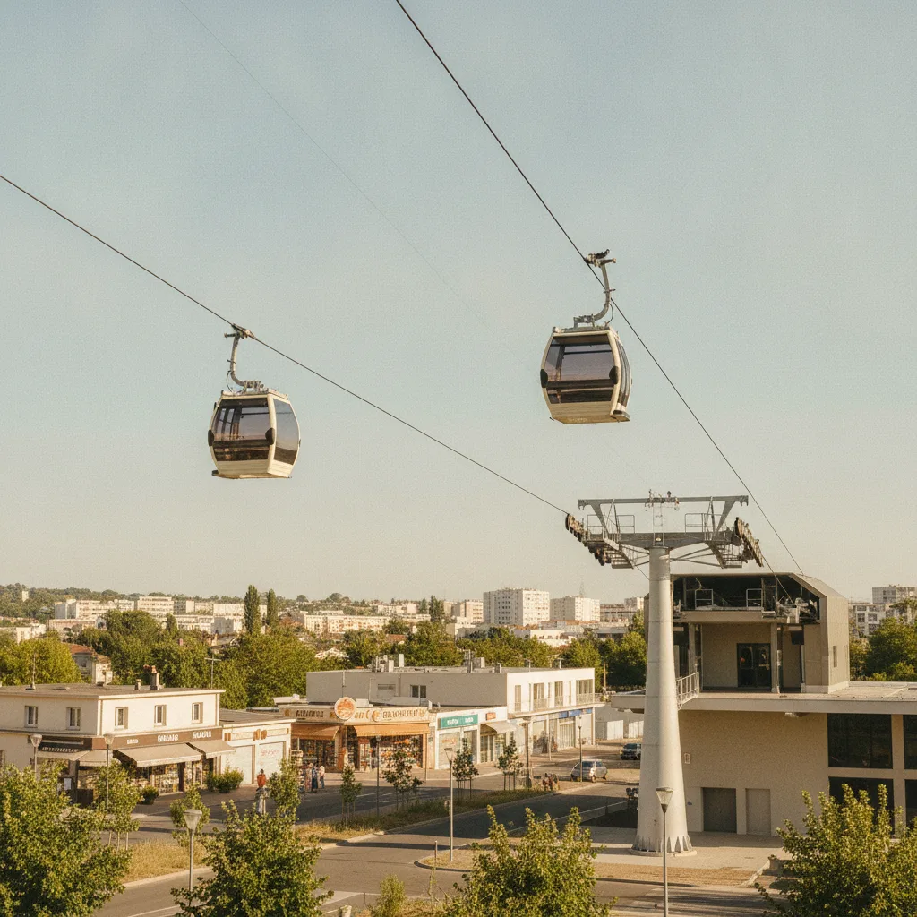 Station de téléphérique urbain en Val-de-Marne avec cabines suspendues et commerces locaux en arrière-plan.