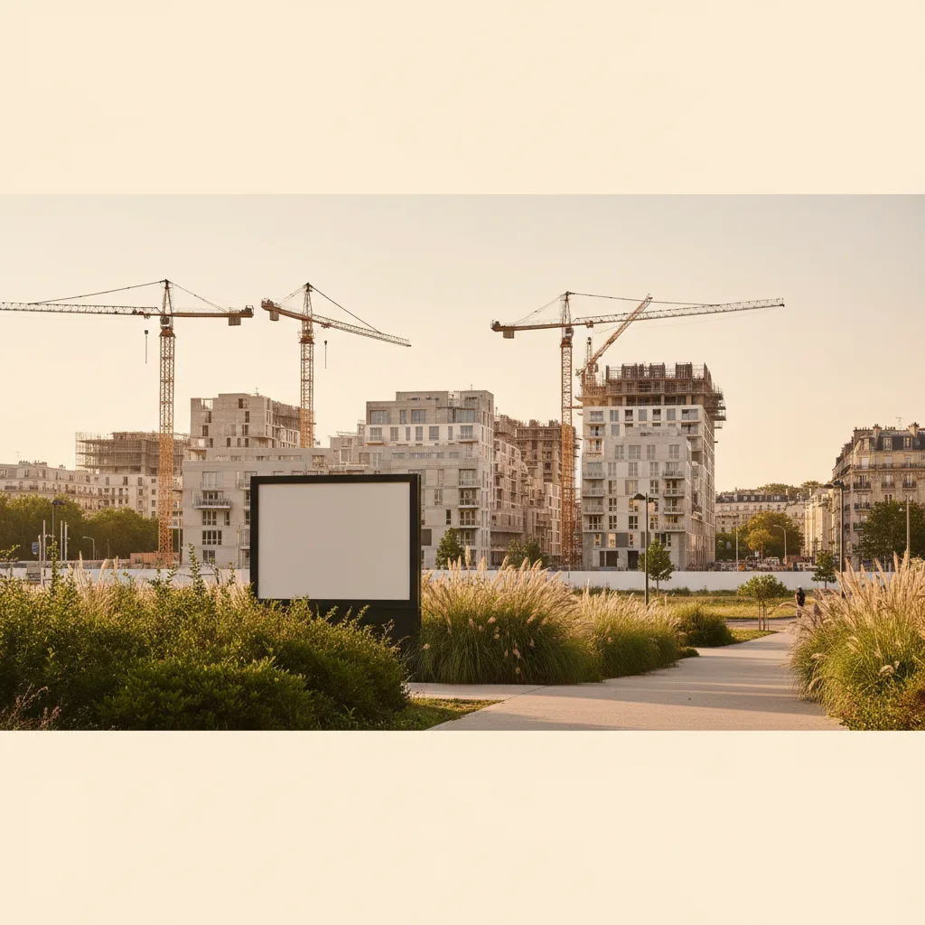 Chantier de logements neufs en banlieue parisienne avec panneau MF19 en premier plan