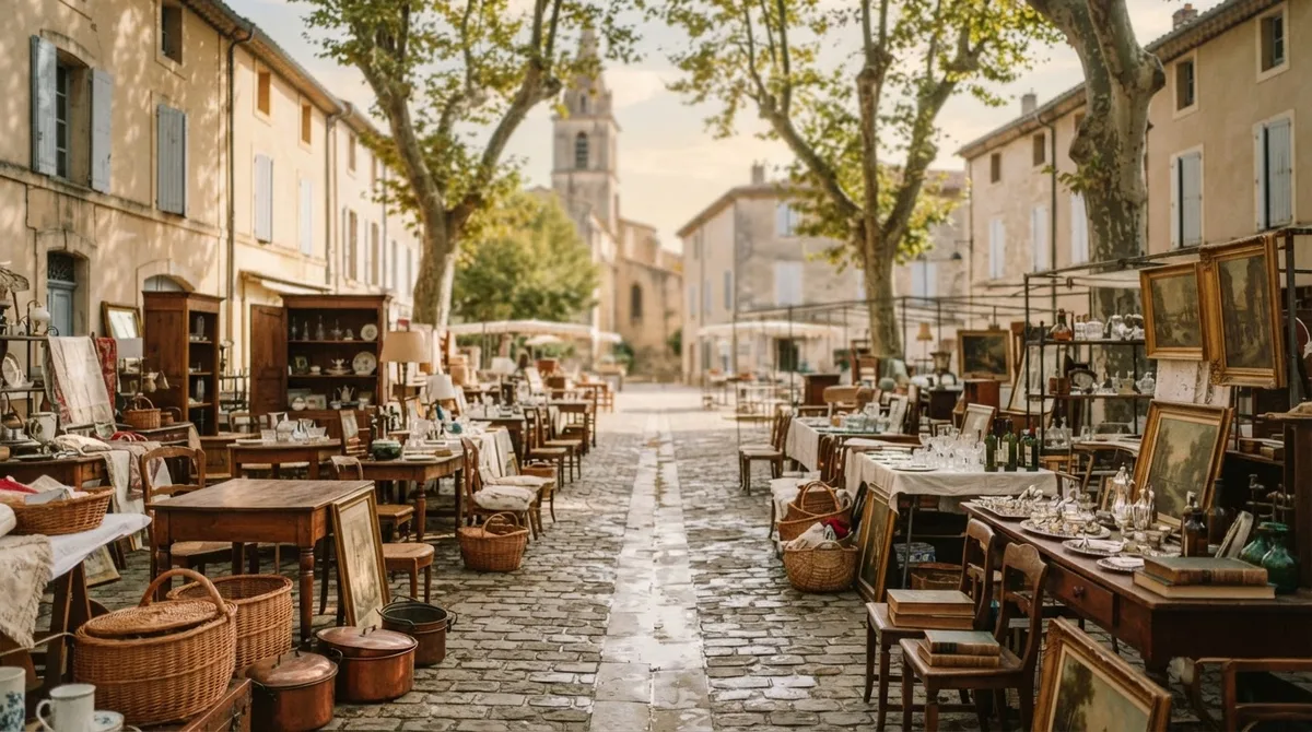 Une scène animée de brocante sur une place de ville française, avec des gens qui regardent divers étals sous une lumière naturelle.